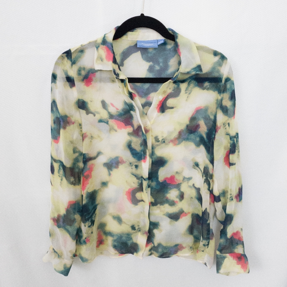 Simply Vera Vera Wang Sheer Chiffon Green and Pink Button Up Shirt Size Small